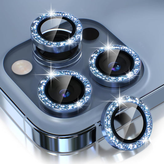 Choiche [3+1 for iPhone 13 Pro/iPhone 13 Pro Max Camera Lens Protector Bling, 9H Tempered Glass Camera Cover Screen Protector Metal Ring Decoration Accessories (Glitter-Sierra Blue)