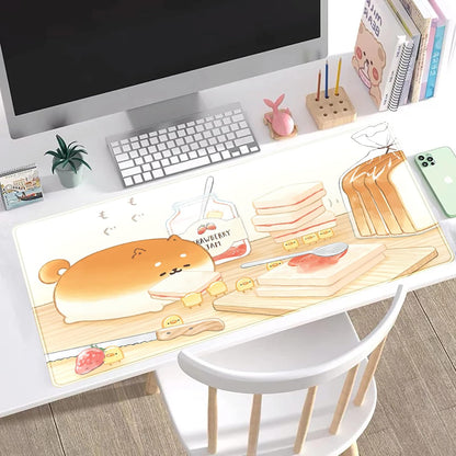Cute Desk Mat Anime Cartoon Desk Pad Mouse Pad Kawaii Large Yellow Shiba Inu Gaming Mousepad XXL Laptop Keyboard Desktop Writing Pad Stitched Edge Desk Accessories for Girls Students 31.5''X15.7''
