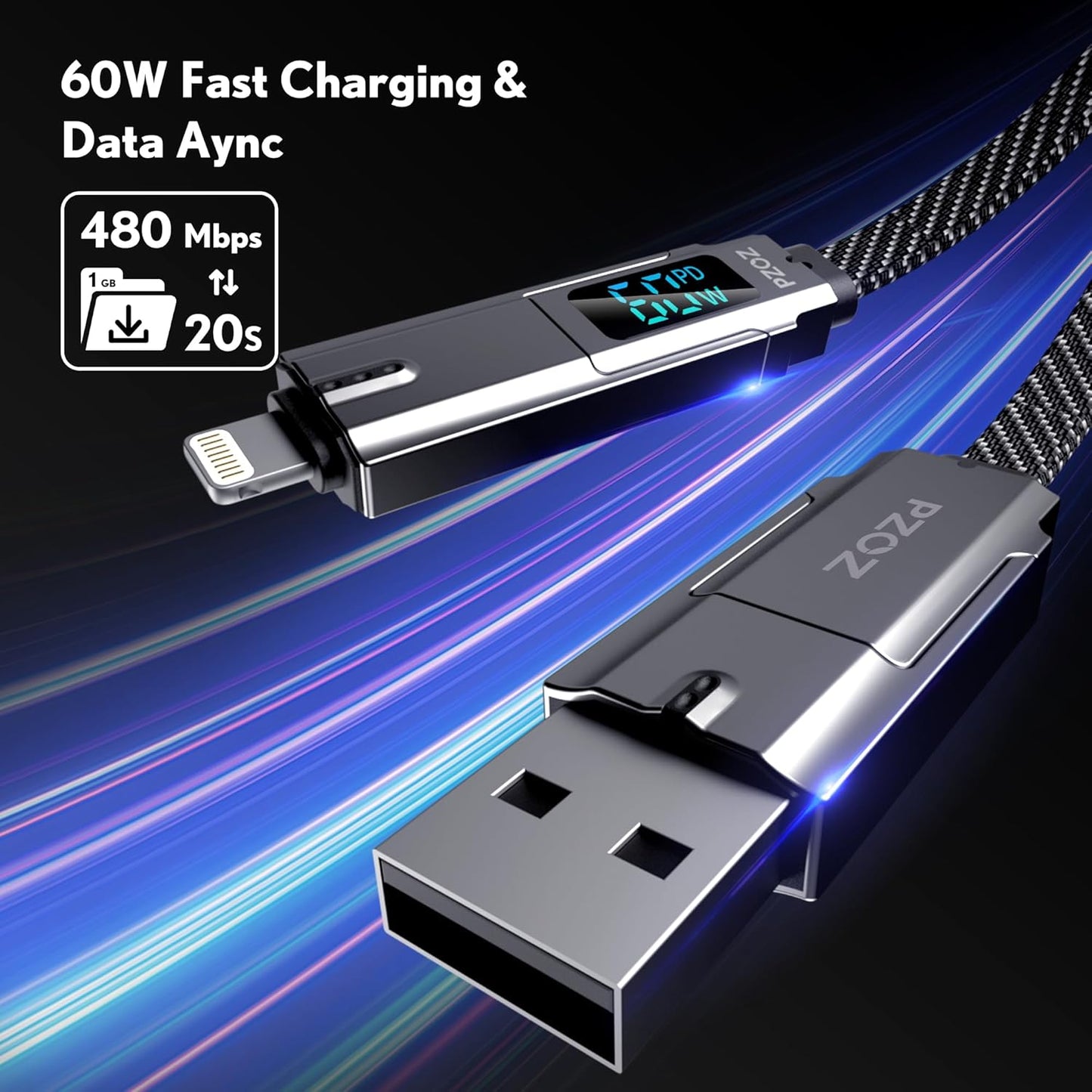 pzoz 4-in-1 USB C Fast Charging Cable with LED Display, Multi USBC Charger Combo Lightning/Type C/USB A Metal Ports for iPhone 16/15/14 Pro Max iPad MacBook AirPods Pro Samsung Google (60W, 5 ft)