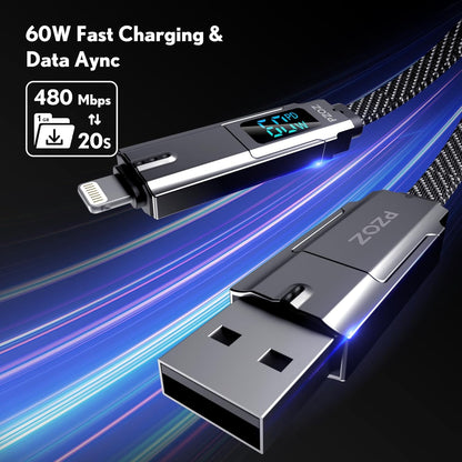 pzoz 4-in-1 USB C Fast Charging Cable with LED Display, Multi USBC Charger Combo Lightning/Type C/USB A Metal Ports for iPhone 16/15/14 Pro Max iPad MacBook AirPods Pro Samsung Google (60W, 5 ft)