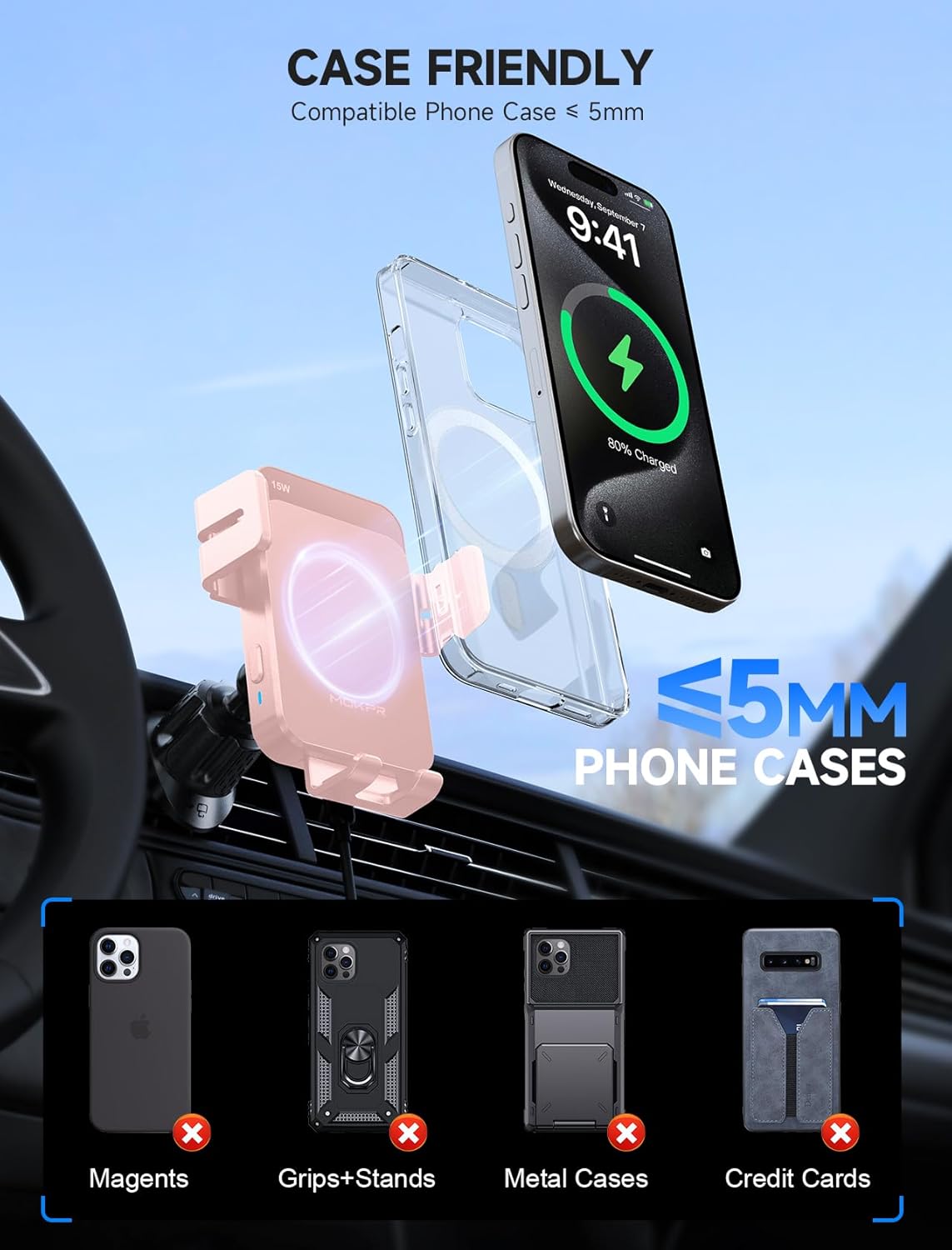 MOKPR Wireless Car Charger, 15W Auto Clamping Car Charger Dash Windshield Air Vent Phone Holder Compatible with iPhone 16 15 14/13/13 Pro/12 pro/12/11/X/8, Samsung S24/S23/S22, Pink