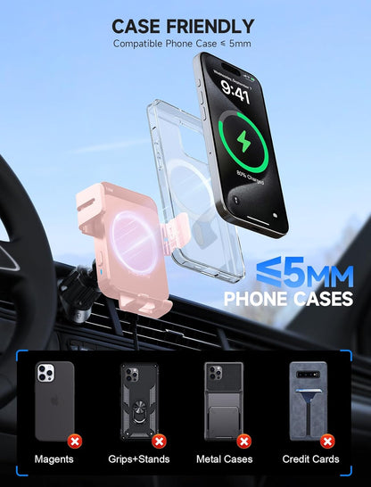 MOKPR Wireless Car Charger, 15W Auto Clamping Car Charger Dash Windshield Air Vent Phone Holder Compatible with iPhone 16 15 14/13/13 Pro/12 pro/12/11/X/8, Samsung S24/S23/S22, Pink
