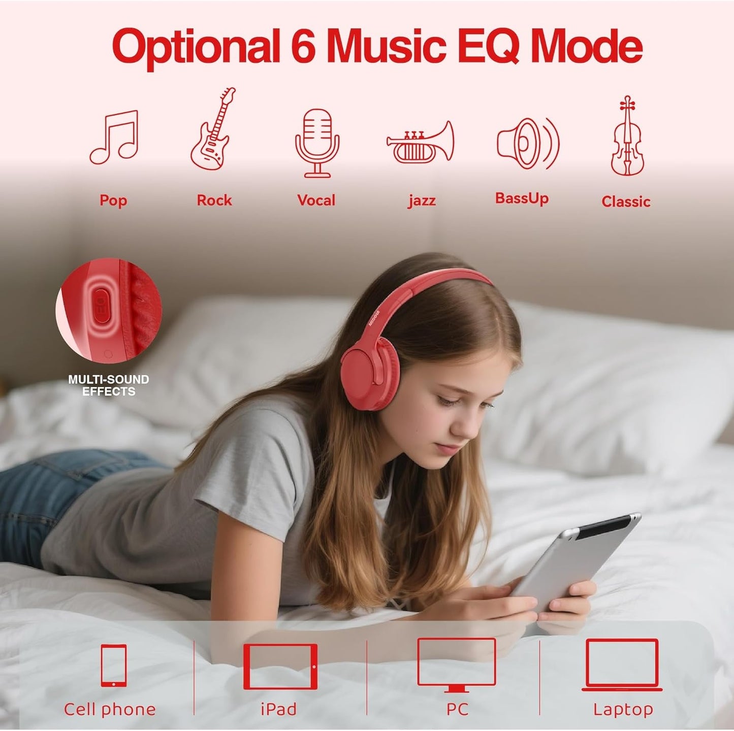 MIDOLA Bluetooth Headphones Over Ear 68H Playtime 6 EQ Wireless Headset with Microphone HiFi Stereo Foldable Lightweight Deep Bass for Travel Home Office Cellphone Red