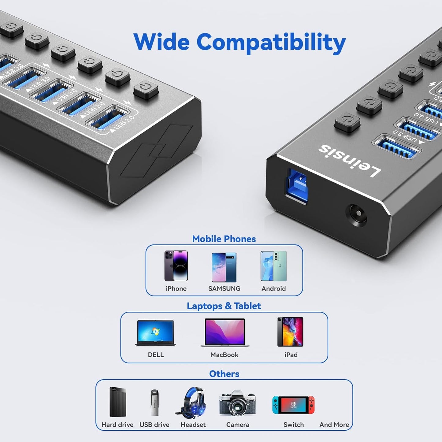 Powered USB Hub 3.0, Leinsis 7-Port USB 3.0 Hub [Durable Aluminum] 7 Data Transfer Ports+ 4 Smart Charging Ports with Individual On/Off Switches, USB Hub 3.0 Powered with Power Adapter for Laptop PC