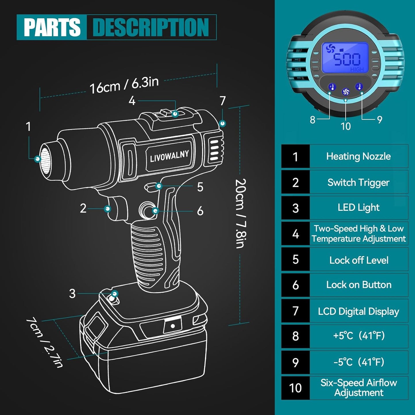 LIVOWALNY Cordless Heat Gun Compatible with Makita 18V Battery: LCD Digital Display - 350W 122℉-1022℉ Adjustable Portable Battery Powered Hot Air Gun for Shrink Tubing Crafts Vinyl Wrap (No Battery)