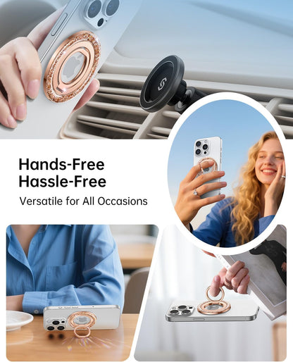 SYNCWIRE Magnetic Phone Ring Holder for MagSafe - Glitter Phone Grip Stand with 360° Rotation & Reinforced Hinge, Compatible with iPhone 16 15 14 13 Pro Max Plus MagSafe Accessories - Rose Gold