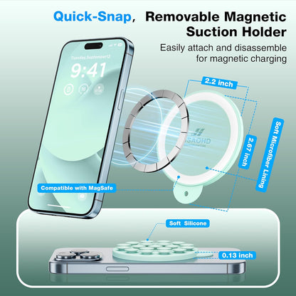 Magnetic Suction Cup Phone Mount for MagSafe Case, Silicone Hands-Free Phone Grip Holder for iPhone and Android, Mirror Shower Phone Stand for Makeup FaceTime Gym Kitchen Bathroom, Mint Green