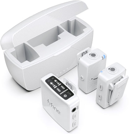 FIFINE Wireless Lavalier Microphone System, Lapel Dual Microphones Clip-on for Video Recording, Vlog, Interview, Podcast Mic Kit Compatible for iPhone, Camera, Smartphone, 30H Battery Life-M9 White