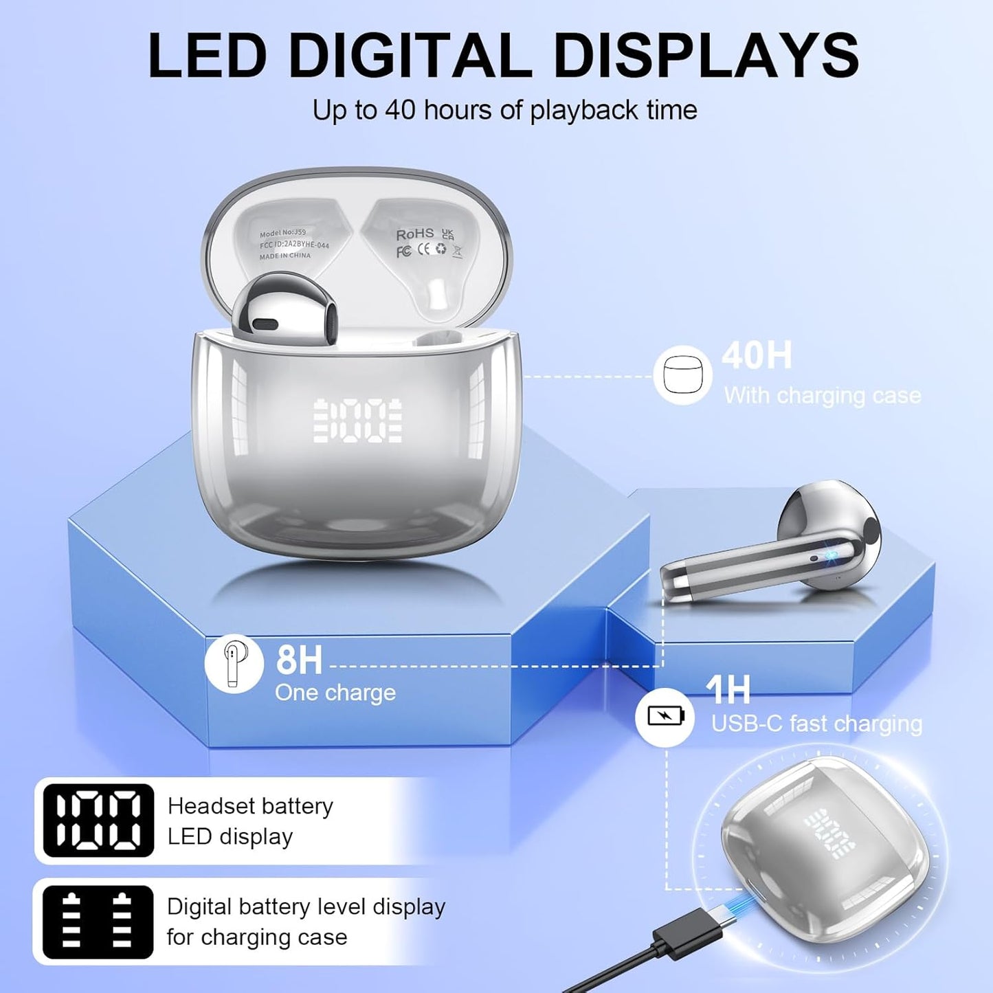 Wireless Earbuds, Bluetooth Headphones 48H Playtime Ear Buds with LED Power Display, IPX7 Waterproof Bluetooth 5.4 Earphones in-Ear Earbuds with 4 Mic for Android iOS Cell Phone Laptop, Silver