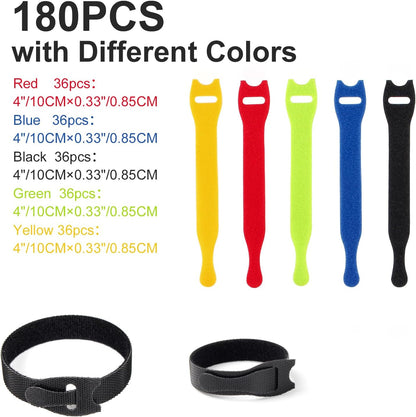 OneLeaf 180PCS Valuable Wire Organizer 4Inch Reusable Cable Ties with Hook and Loop, Colorful Fastening Cord Ties Wire Management for Home, Office, Data Centers, and Electronics, 5 colors