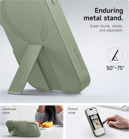 SURITCH for iPhone 16 Pro Case with Slide Camera Cover and Adjustable Kickstand, Compatible with MagSafe, Shockproof Bumper Case Slim Protective Cover for iPhone 16 Pro 6.3 Inch,Green