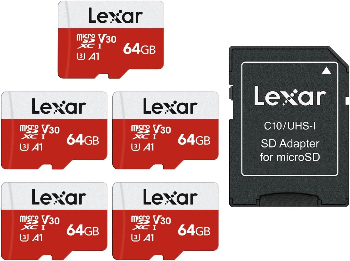 Lexar E-Series 64GB Micro SD Card 5 Pack, microSDXC UHS-I Flash Memory Card with Adapter, 100MB/s, C10, U3, A1, V30, Full HD, 4K UHD, High Speed TF Card