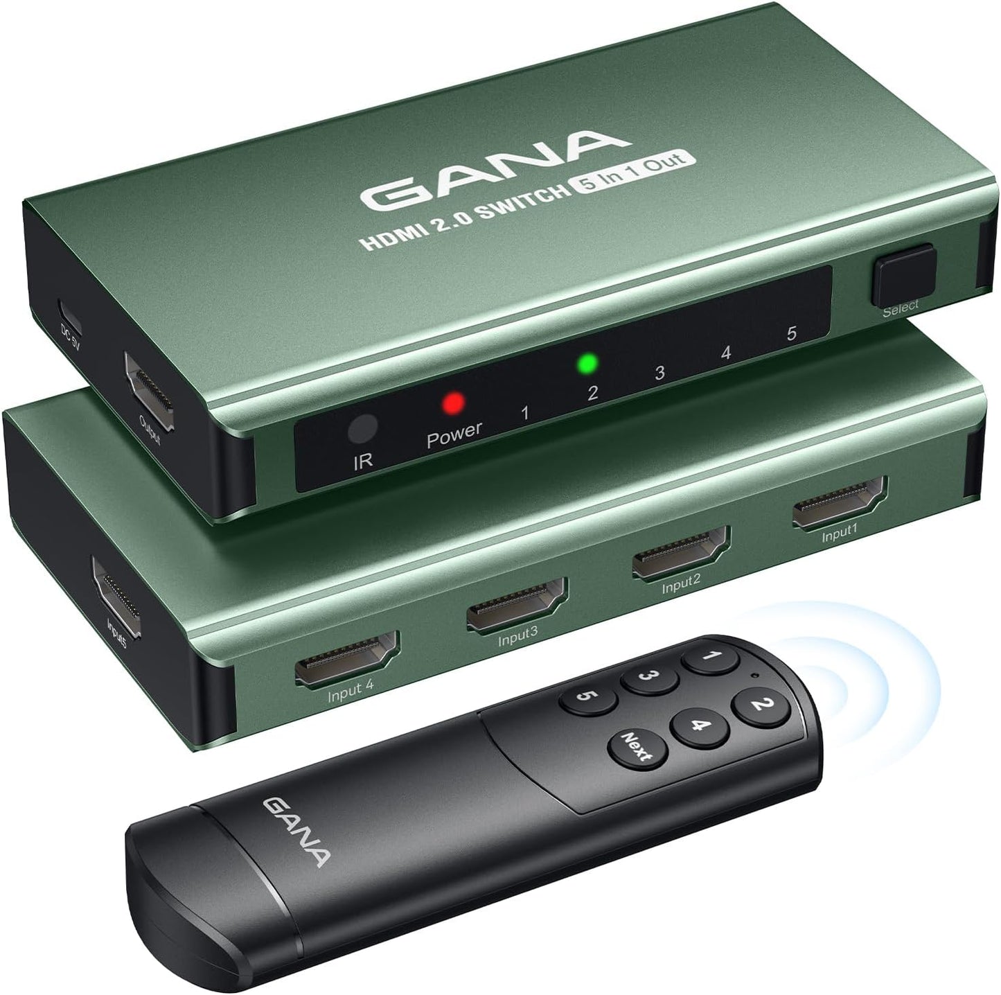 HDMI Switch 5 in 1 Out 4K@60Hz, GANA HDMI Splitter Switcher with Remote, Aluminum HDMI 2.0 Switch Box Hub for 3D, HDCP2.2, HDR, Compatible with Xbox, PS5/4/3,Fire Stick,Roku,Blu-Ray Player, Green