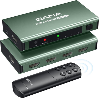 HDMI Switch 5 in 1 Out 4K@60Hz, GANA HDMI Splitter Switcher with Remote, Aluminum HDMI 2.0 Switch Box Hub for 3D, HDCP2.2, HDR, Compatible with Xbox, PS5/4/3,Fire Stick,Roku,Blu-Ray Player, Green
