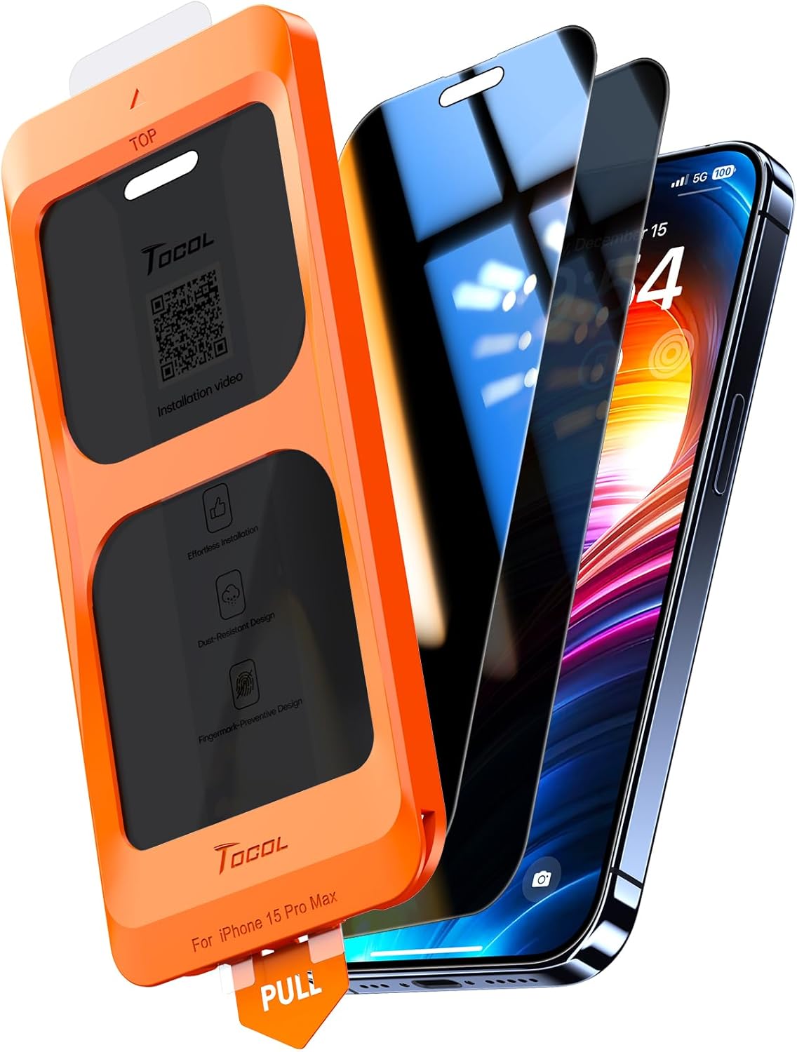 TOCOL for iPhone 15 Pro Max Privacy Screen Protector True 25°Anti Spy 9H+ Hardness Tempered Glass Full Coverage Easy Installation Anti Dust Plugs 2 Pack