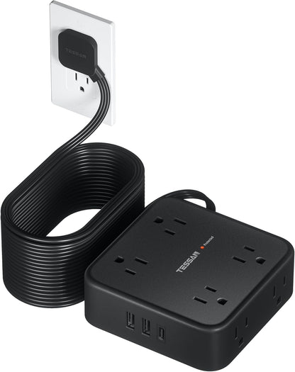 Long Extension Cord 25 FT, TESSAN Ultra Thin Flat Plug Power Strip Surge Protector with 8 AC Outlets, 3 USB Charger(1 USB C), 900J Protection Black Charging Station for Home, Office, Dorm Essentials