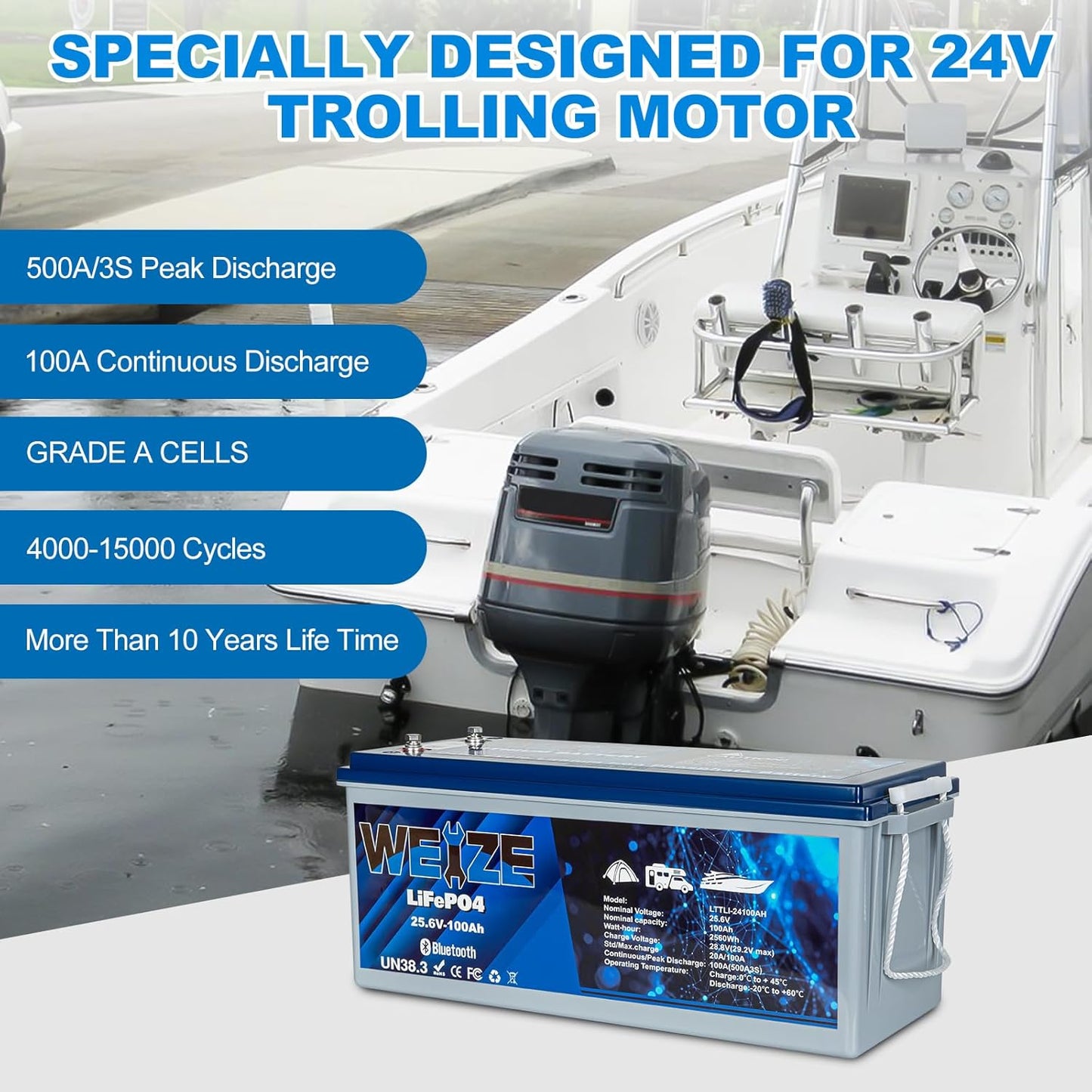 WEIZE 24V 100AH Bluetooth LiFePO4 Lithium Battery, Grade A Cells, 150A BMS, Low-Temp Protection Deep Cycle 500A/3S Peak Discharge Battery for Trolling Motor, Solar System, RV, Camping, Off Grid