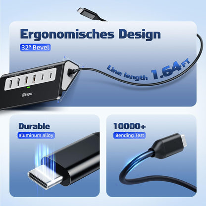 USB C Hub 10Gbps, 9-in-1 USB C Docking station with 4K@60Hz HDMI, Type-C & 2 Type-A 3.2, 2 USB-A 2.0, PD 100W, SD/TF Port, Black Aluminum USB Hub for Laptop, iPhone 16/15 Series, MacBook Air/Pro