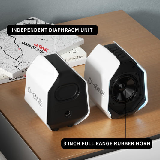 D-ONE 30W PC Gaming Computer Speakers for Laptop, Mac, Desktop Computer, Woofer Speakers, Bluetooth, USB, 3.5mm AUX Inputs, RGB Lights, Multimedia Speakers, White