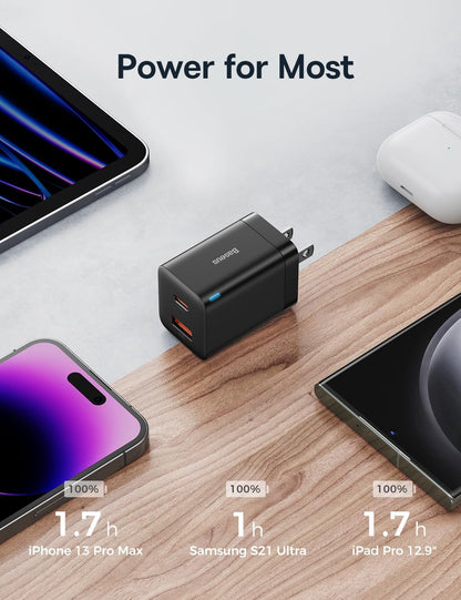 Baseus 30W Dual Port USB C PD Charger Block, Foldable PPS GaN Fast Charger Power Adapter for iPhone 16/15 Pro Max/14 Pro/13, Galaxy S24 Ultra/S23, Google Pixel 6, iPad, Black
