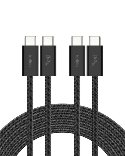Belkin USB C to USB C Cable 2-Pack, 9.9ft, 60W - Type C Charger, iPhone Charger Cord, Soft, Braided, Flexible for iPhone 16, Galaxy S25, Pixel 9, Airpods, iPad Pro & More, Travel Essentials - Black