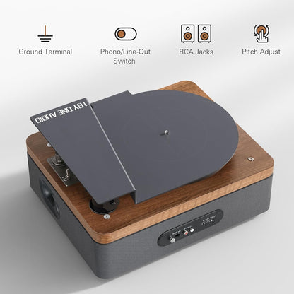 1 by ONE All-in-One Vinyl Record Player, HiFi Turntable Built-in Speakers, Phono Preamp, Magnetic Cartridge AT-3600L, Belt Drive 2 Speeds, Vintage Wood Design