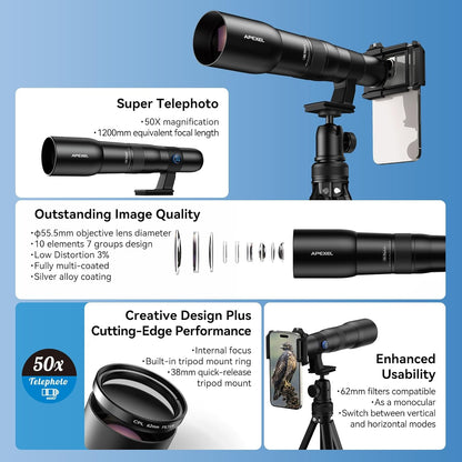 APEXEL 50x High Power HD Telephoto Lens | with Tripod & Universal Phone Clip for iPhone 16/15/14/13 Series, Samsung, Android and Most Smartphone | Landscapes Target Viewing, Wildlife Moon Photography