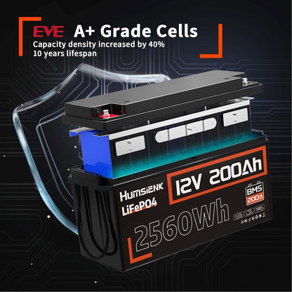 2PACK 12V 200Ah LiFePO4 Battery, Built-in 200A BMS, Rechargeable Deep Cycles DIY Battery, 2560Wh Lithium Battery for Off-Grid and Home Solar System, Marine, Trailer, RV