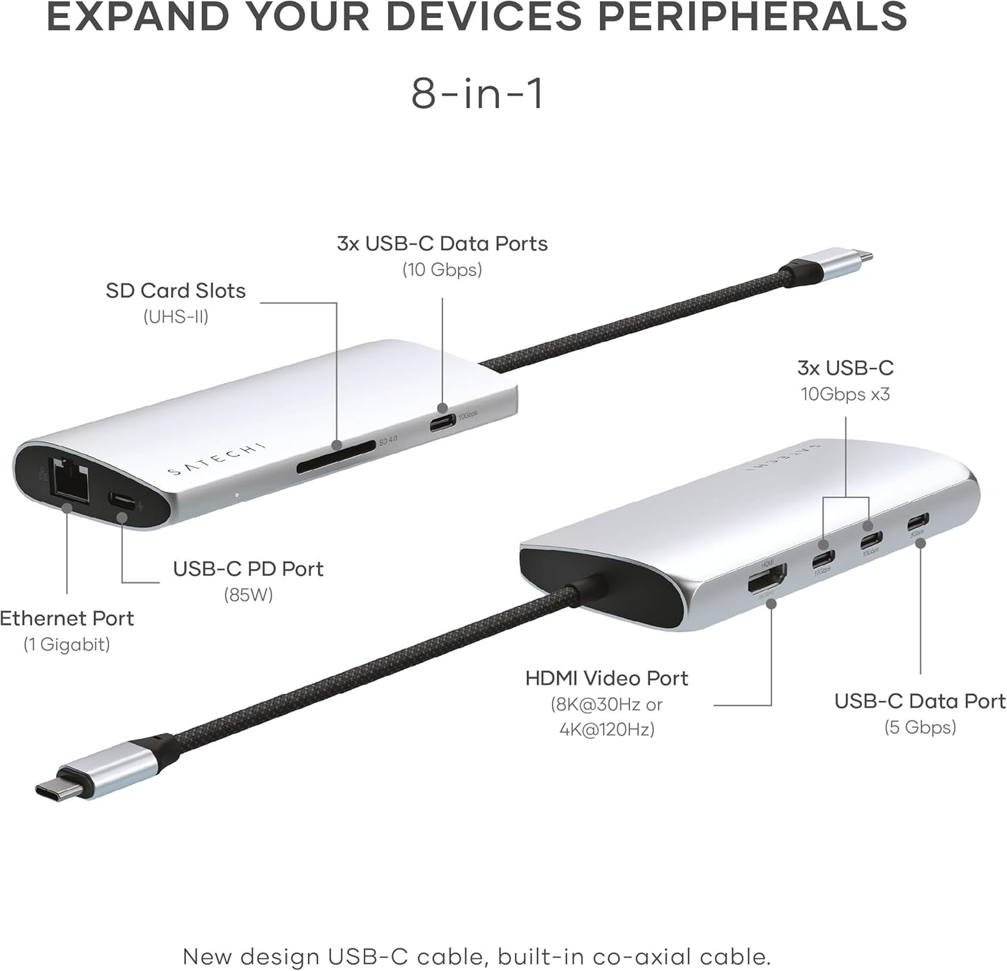 Satechi 8 in 1 USB C Hub Multiport Adapter V3, 8K HDMI, 100W Charging, 4 USB Data Ports, Ethernet, SD Card Reader, for Laptop, for Mac/Windows, MacBook Pro/Air M4/M3/M2/M1, iPad, iPhone 16 - Silver