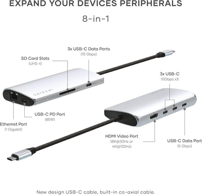 Satechi 8 in 1 USB C Hub Multiport Adapter V3, 8K HDMI, 100W Charging, 4 USB Data Ports, Ethernet, SD Card Reader, for Laptop, for Mac/Windows, MacBook Pro/Air M4/M3/M2/M1, iPad, iPhone 16 - Silver
