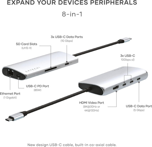 Satechi 8 in 1 USB C Hub Multiport Adapter V3, 8K HDMI, 100W Charging, 4 USB Data Ports, Ethernet, SD Card Reader, for Laptop, for Mac/Windows, MacBook Pro/Air M4/M3/M2/M1, iPad, iPhone 16 - Silver