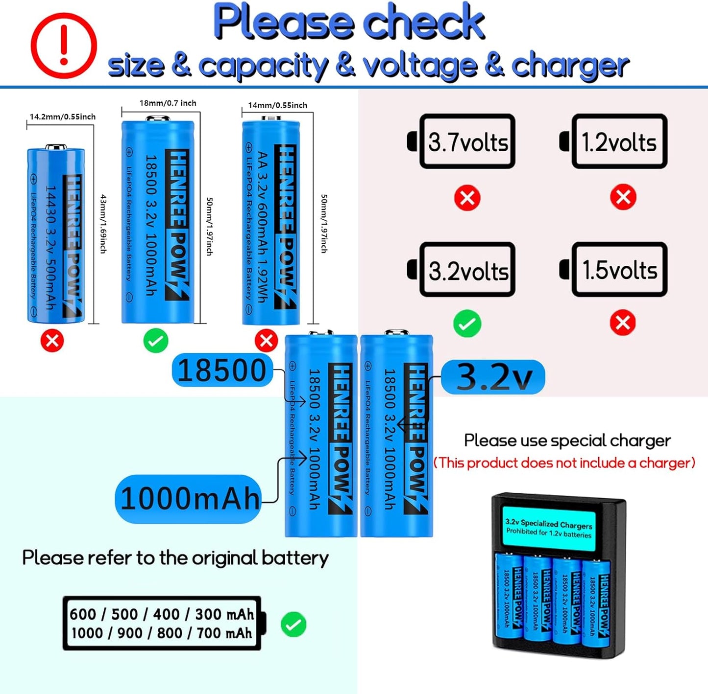 Henreepow 18500 3.2v LiFePo4 Rechargeable Battery, 3.2v LiFePo4 Rechargeable Battery 1000mAh for Outdoor Garden Solar Lights, Flashlight (18500-3.2v-6Pack)