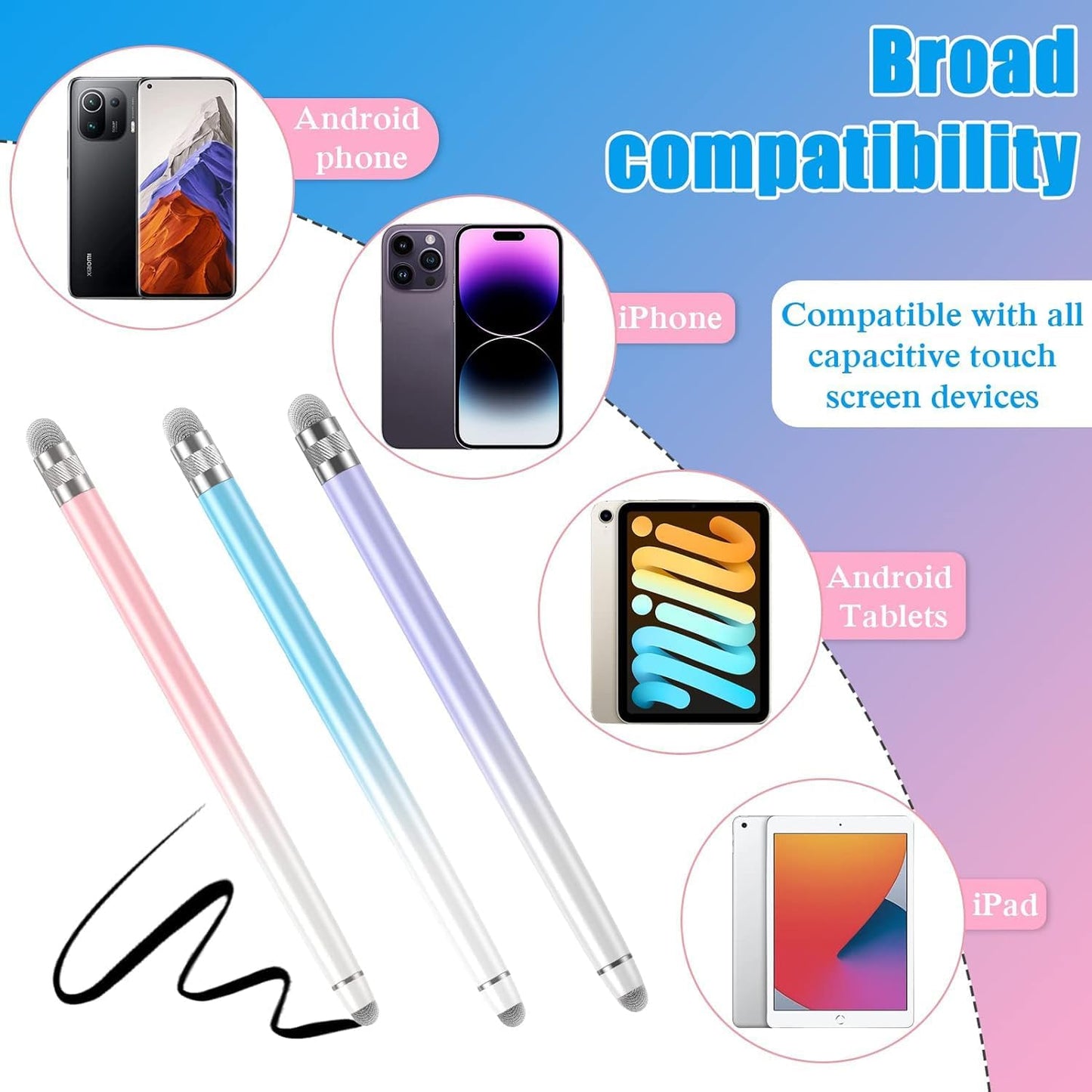 3PCS Stylus Pens for Touch Screens, Stylus Pen for iPhone/iPad/Tablet Android/Microsoft/Surface, Compatible with All Touch Screens(Purple/Pink/Blue)