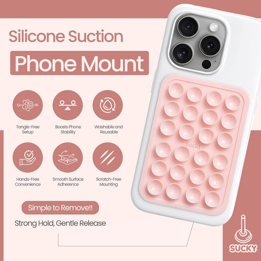 SUCKY Silicone Suction Phone Case Adhesive Octo Cup Buddy Mount - Anti-Slip Holder, Hands-Free Phone Accessory for iPhone and Android - Sticky Grip for Selfies, Videos - Chalk Pink