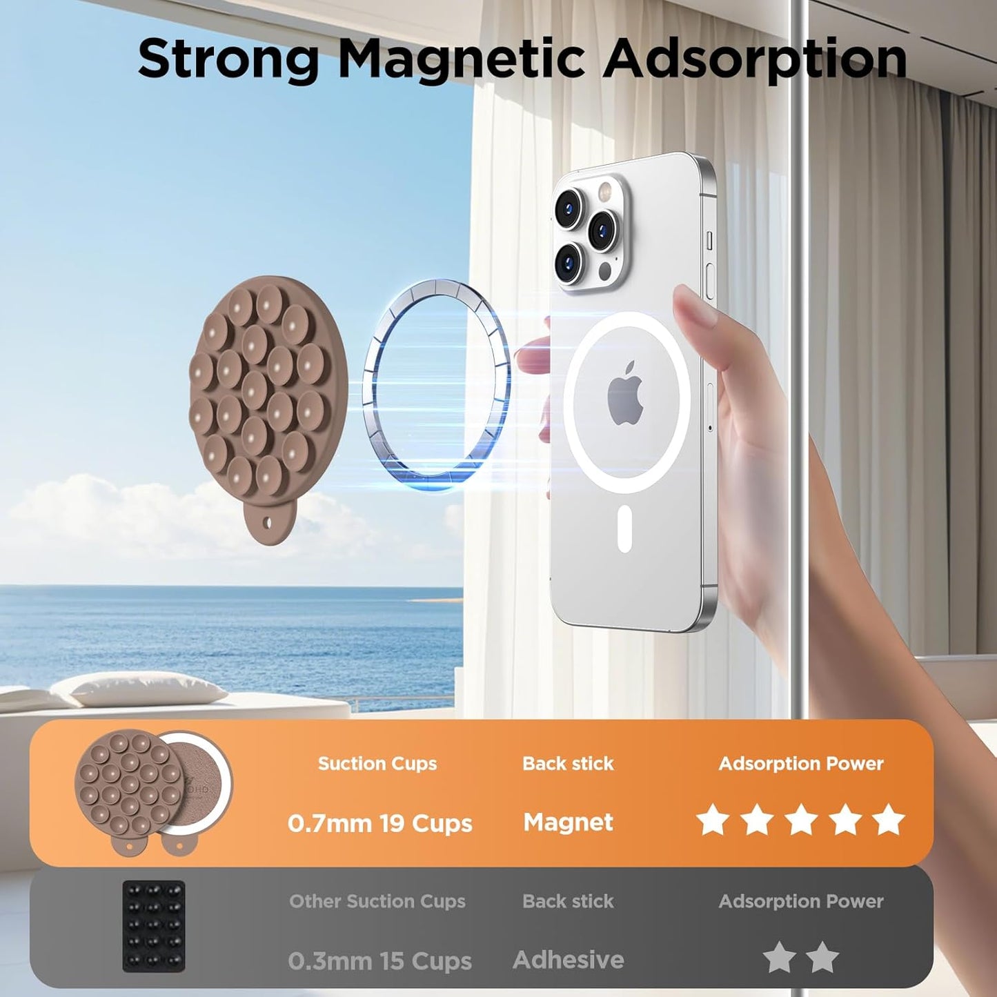 Magnetic Suction Cup Phone Mount for MagSafe Case, Silicone Hands-Free Phone Grip Holder for iPhone and Android, Mirror Shower Phone Stand for Makeup FaceTime Gym Kitchen Bathroom, Light Brown