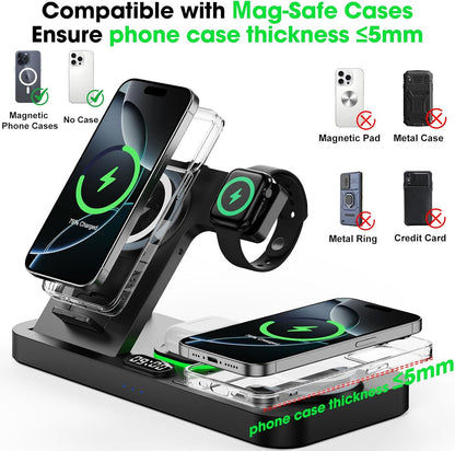 Dual Phone Wireless Charging Station for Apple Devices, Magnetic Charging Station for iPhone with Auto Switch 7-Color Light&Clock, Family Watch Charger for iPhone17 for iWatch10 for AirPods Pro3(Black