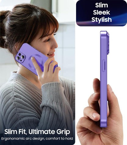 Magnetic for iPhone 14 Case [Compatible with MagSafe][Built-in Camera Lens Protector] Slim Soft Silicone Bumper Shockproof Metallic Luster Phone Case (Purple)