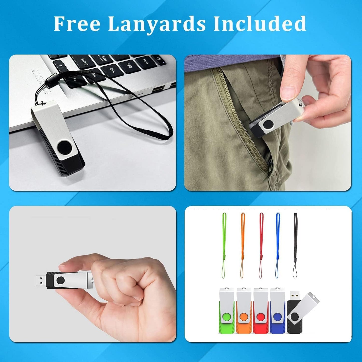 USB Flash Drive 8GB 5 Pack, Wooolken USB 2.0 Memory Stick with Lanyards Swivel Thumb Drives for Data Storage and Backup (5 Mixed Colors: Black Red Blue Orange Green)