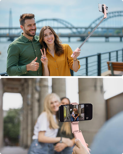 Viozon Portable Selfie Stick, Lightweight Extendable Stainless Steel Tube,All-in-One Compact Selfie Stick with Wireless Remote Compatible with 4-7" iPhone/Android Phones for Vlog/Travel/Filming, Pink