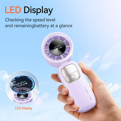 3-in-1 Portable Handheld Turbo Fan-100 Speeds, 11000 RPM, 10Hrs Cooling, LED Display, 90° Rotation, USB Rechargeable Battery Powered, Mini Foldable Hand Held Personal Fan for Women Men (Purple)