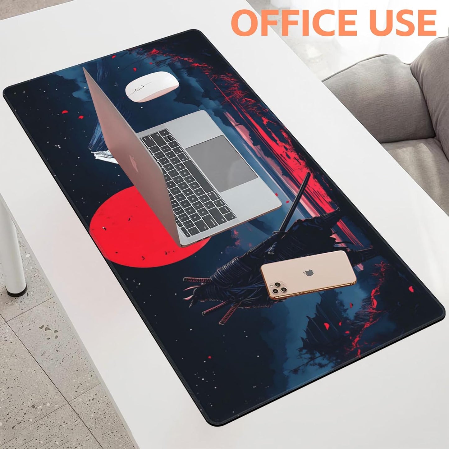 Mouse Pad Large Samurai and Red Moon Non-Slip Game Desk Mat with Stitched Edge Laptop Keyboard Desk Pad for Work Home Gaming (35.4 x 15.7 Inches)