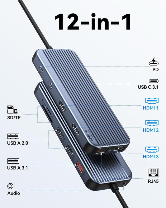 USB C Docking Station 3 HDMI, Docking Station 3 Monitors,12 in 1 Docking Station Dual Monitor, Laptop Docking Station Triple HDMI with 10Gbps USB A/C 3.1,USB 2.0,100W PD,Ethernet, Audio&Mic,SD&TF Slot