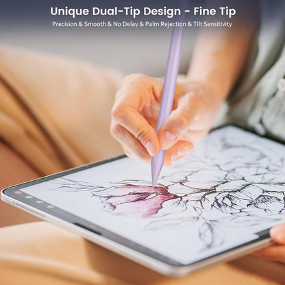 Stylus Pen for iPad, Dual-Tip 13 mins Fast Charge Pencil for Apple, Palm Rejection, Tilt Sensitivity, Compatible w/iPad 6/7/8/9/10, Pro 11/12.9in/M4, Air 3/4/5/M2, Mini 5/6 - Purple