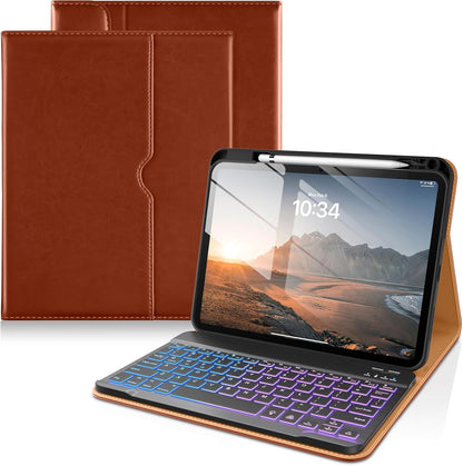 DTTO for iPad 11th (A16)/ 10th Generation Case with Keyboard (2025/2022), 7 Colors Backlit Wireless Detachable Keyboard Leather Folio Cover with Pencil Holder & Pocket, Brown