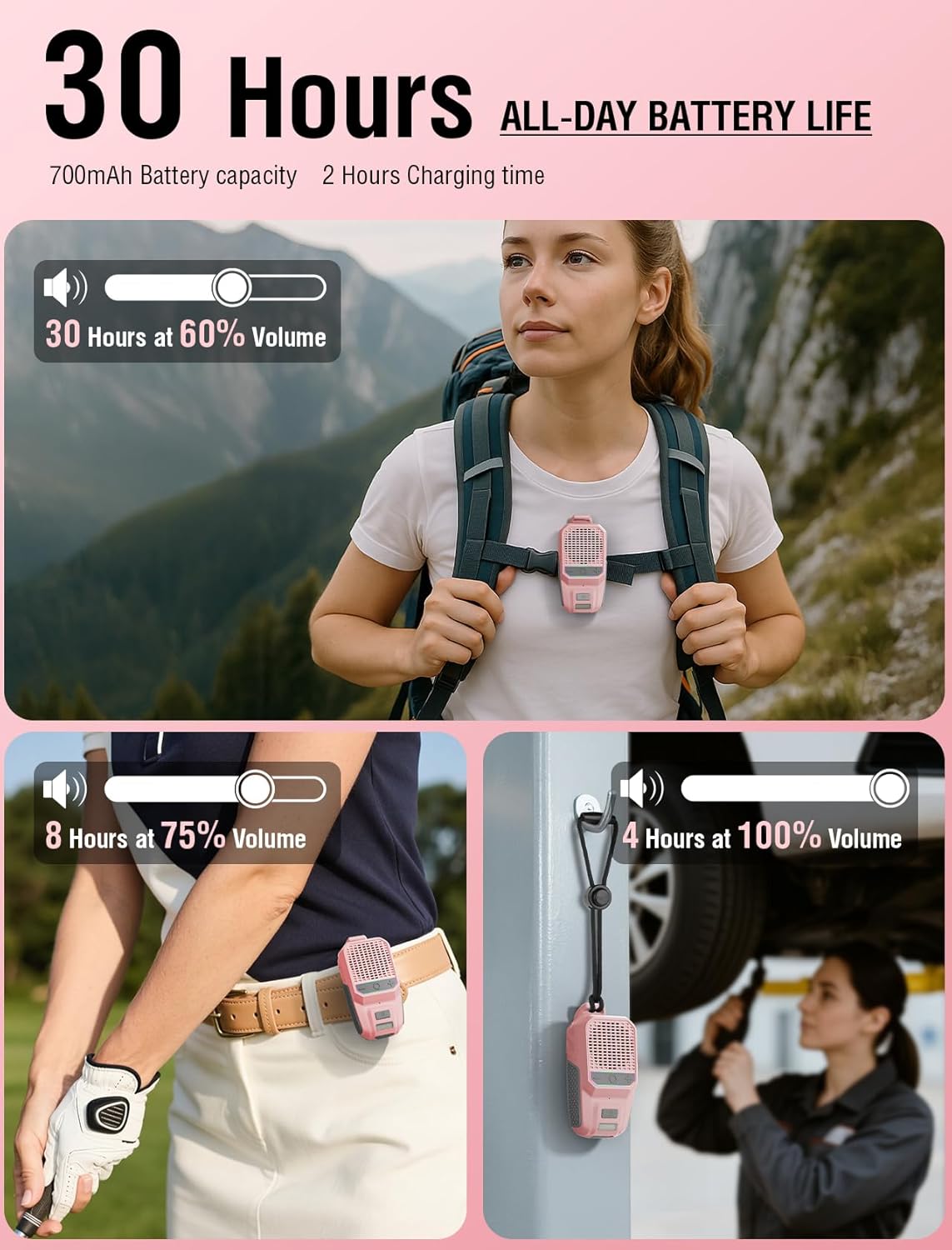 GBEAST Wearable Bluetooth Speaker with RGB, IPX6 Waterproof Clip-On Portable Speaker with 30H Playtime - Built-in Mic Hands-Free for Jobsite/Outdoor/Golf, TWS Portable Speakers（Pink）