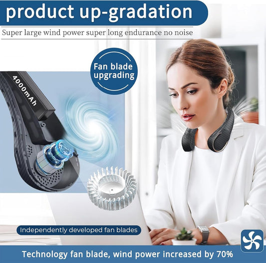 Neck Fan, Bladeless Neck Fan, 4000 mAh Rechargeable Personal Fan, 360° Hands Free Wearable Fan, 3 Speeds Adjustable,Faster Cooling, Ultra Quiet, Suitable for Home, Office, Travel, Sports
