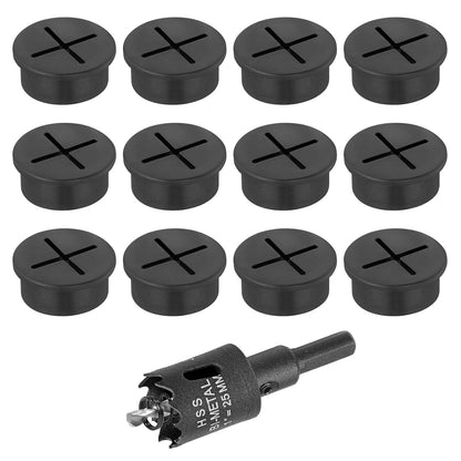 1" Black Desk Grommet, JTemgle Flexible Cable Grommet with Bi-Metal Hole Saw Cross Rubber Cable Hole Cover Wire Organizer Caps Desktop Cord Management for Home Office TV Stands Tabletops, 13 Pieces