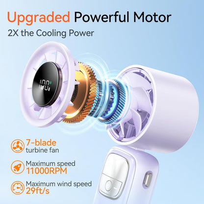3-in-1 Portable Handheld Turbo Fan-100 Speeds, 11000 RPM, 10Hrs Cooling, LED Display, 90° Rotation, USB Rechargeable Battery Powered, Mini Foldable Hand Held Personal Fan for Women Men (Purple)