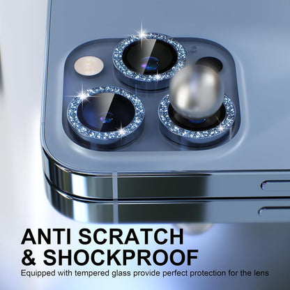 Choiche [3+1 for iPhone 13 Pro/iPhone 13 Pro Max Camera Lens Protector Bling, 9H Tempered Glass Camera Cover Screen Protector Metal Ring Decoration Accessories (Glitter-Sierra Blue)