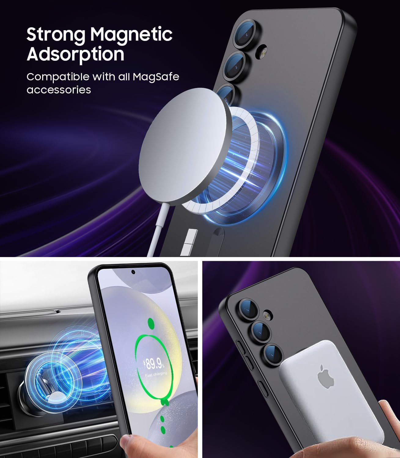 Magnetic for Samsung Galaxy S24 Plus Case [Compatible with MagSafe][Built-in Camera Lens Protector] Slim Soft Silicone Bumper Shockproof Metallic Luster Phone Case (Black)